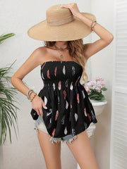 Feather Print Bandeau Cover Up Shirred Beachwear Tube Top