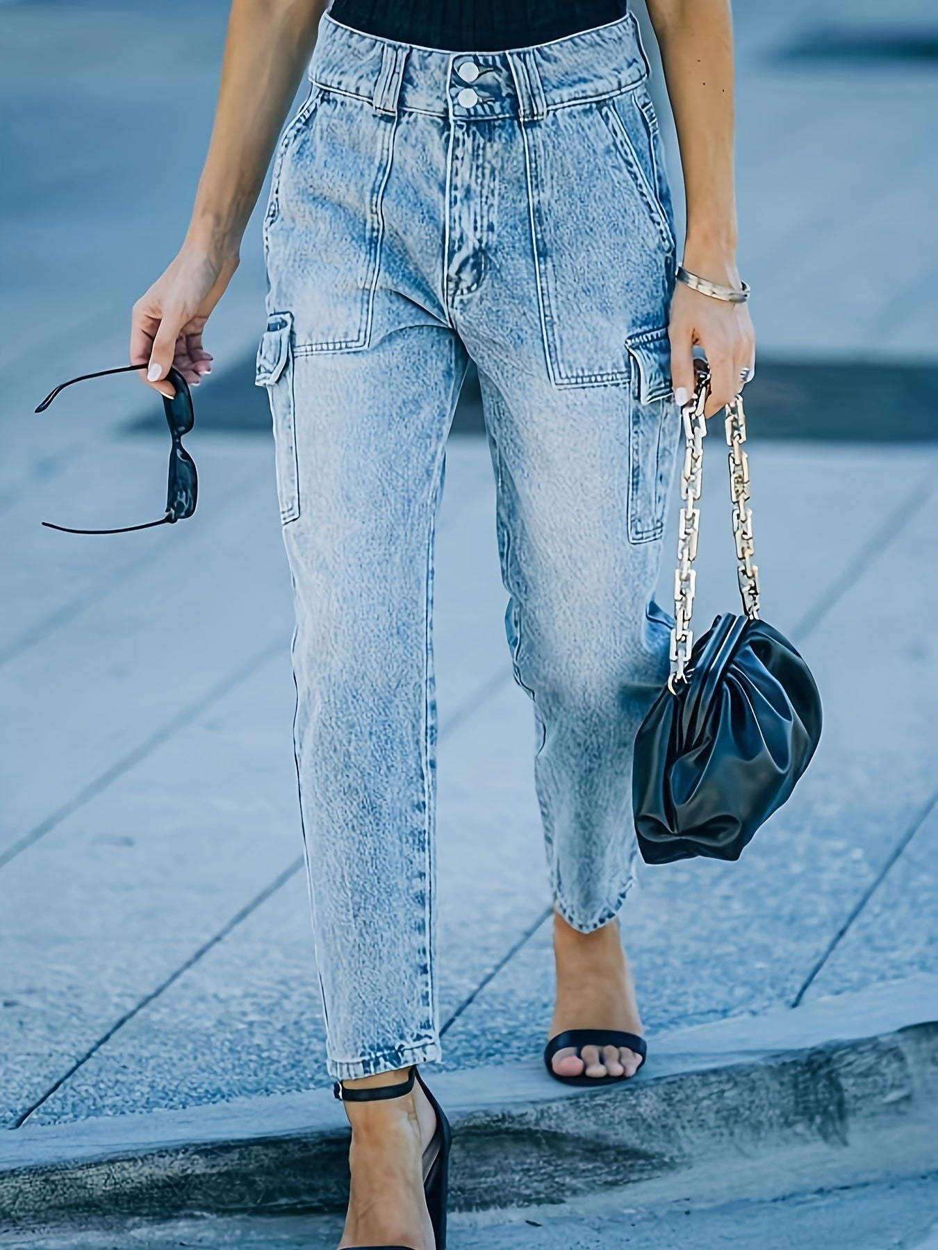 Women's Button Fly High Waist Cargo Jeans
