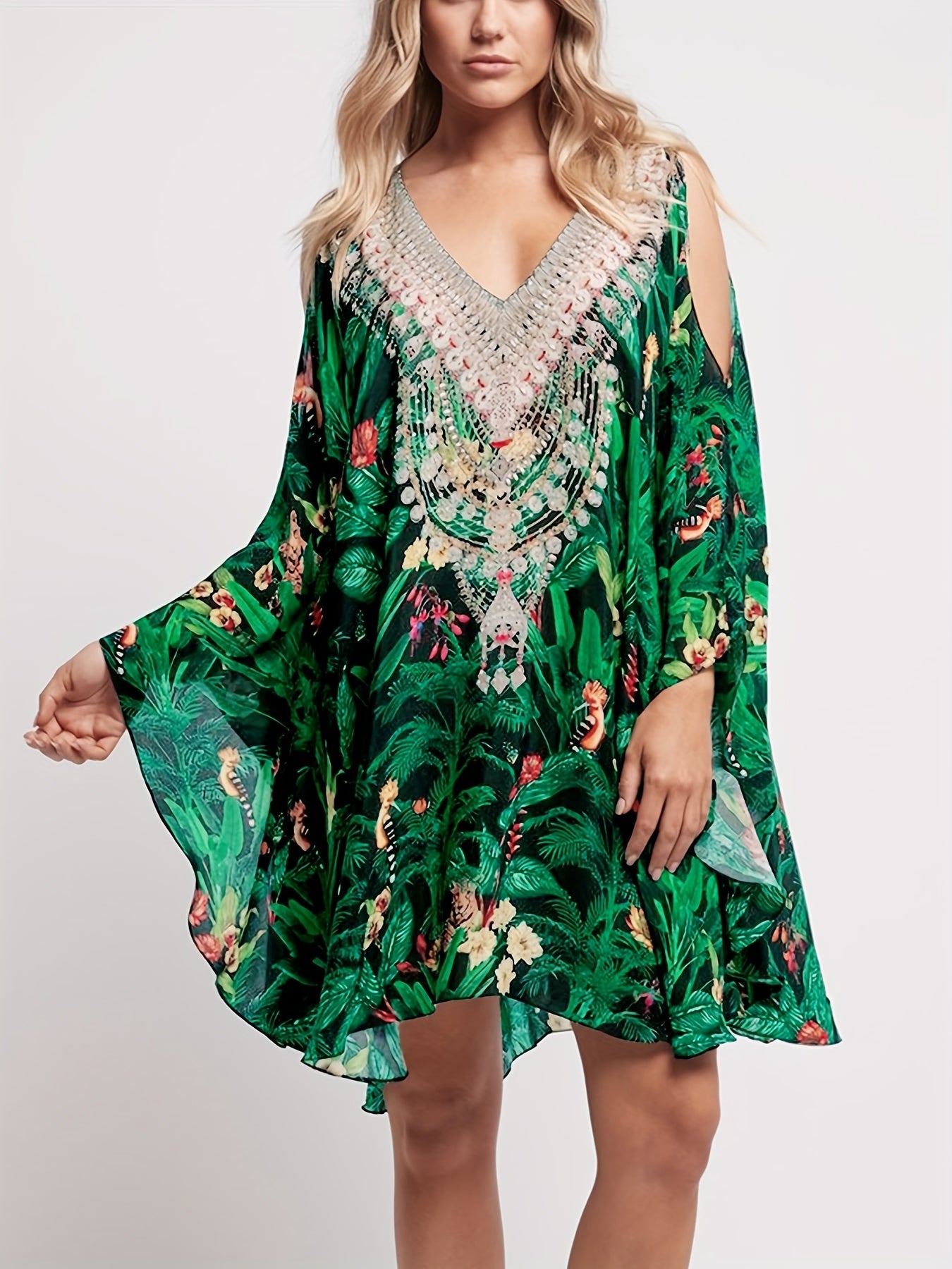 Tropical Leaf Print Cold Shoulder Cover Up Kaftan Batwing Sleeve Beach Kimono