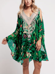 Tropical Leaf Print Cold Shoulder Cover Up Kaftan Batwing Sleeve Beach Kimono