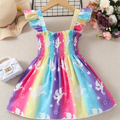 Girls Rainbow Unicorn Stripe Suspender Dress
