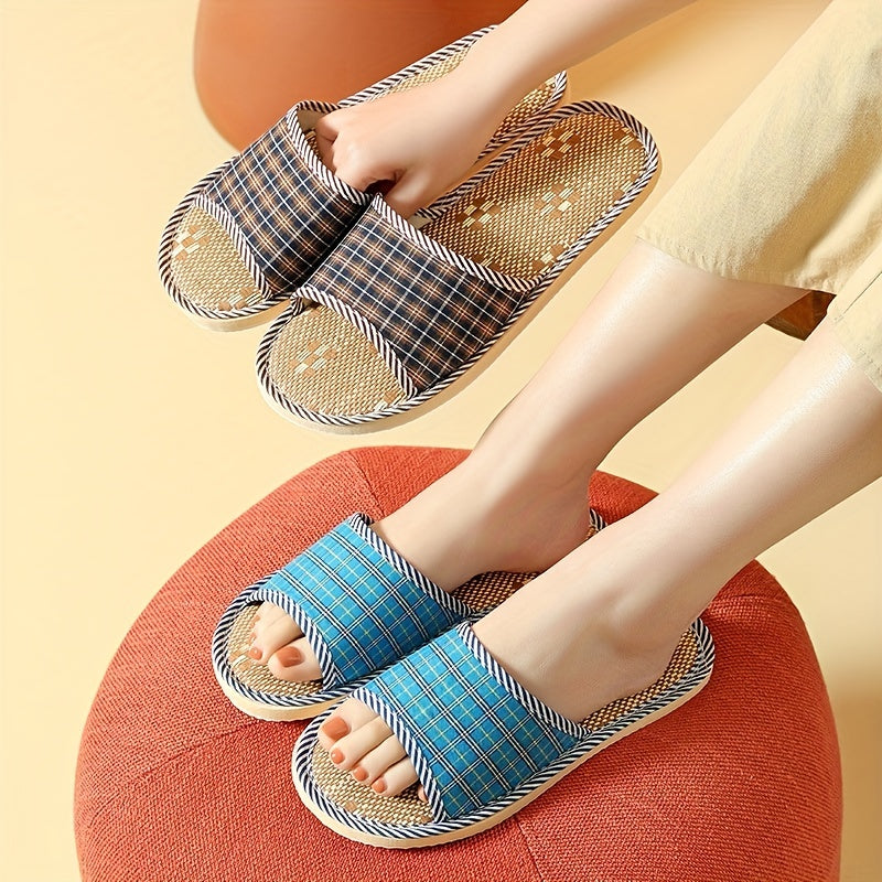 Men's Plaid Linen Non Slip Open Toe Slides For Indoor Home House Shoes