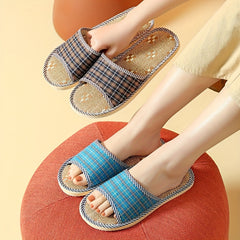 Men's Plaid Linen Non Slip Open Toe Slides For Indoor Home House Shoes