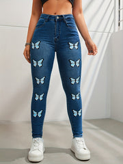 Butterfly Print Skinny Jeans Y2K Denim Pants