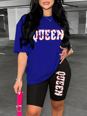 Queen Print 2pc Set Casual T-shirt & Shorts Outfit Womens Clothing