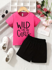 2pcs Girls 'Wild Like My Curls' Tee Elastic Shorts Outfit