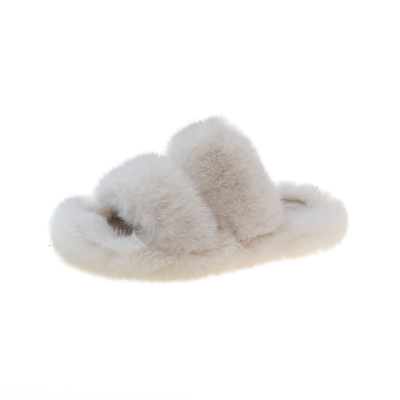 Fluffy Two Bands Slippers Solid Open Toe Slip On Plush Shoes Cozy & Warm
