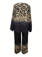 Glitter Leopard Print Plus Size Top & Pants Set