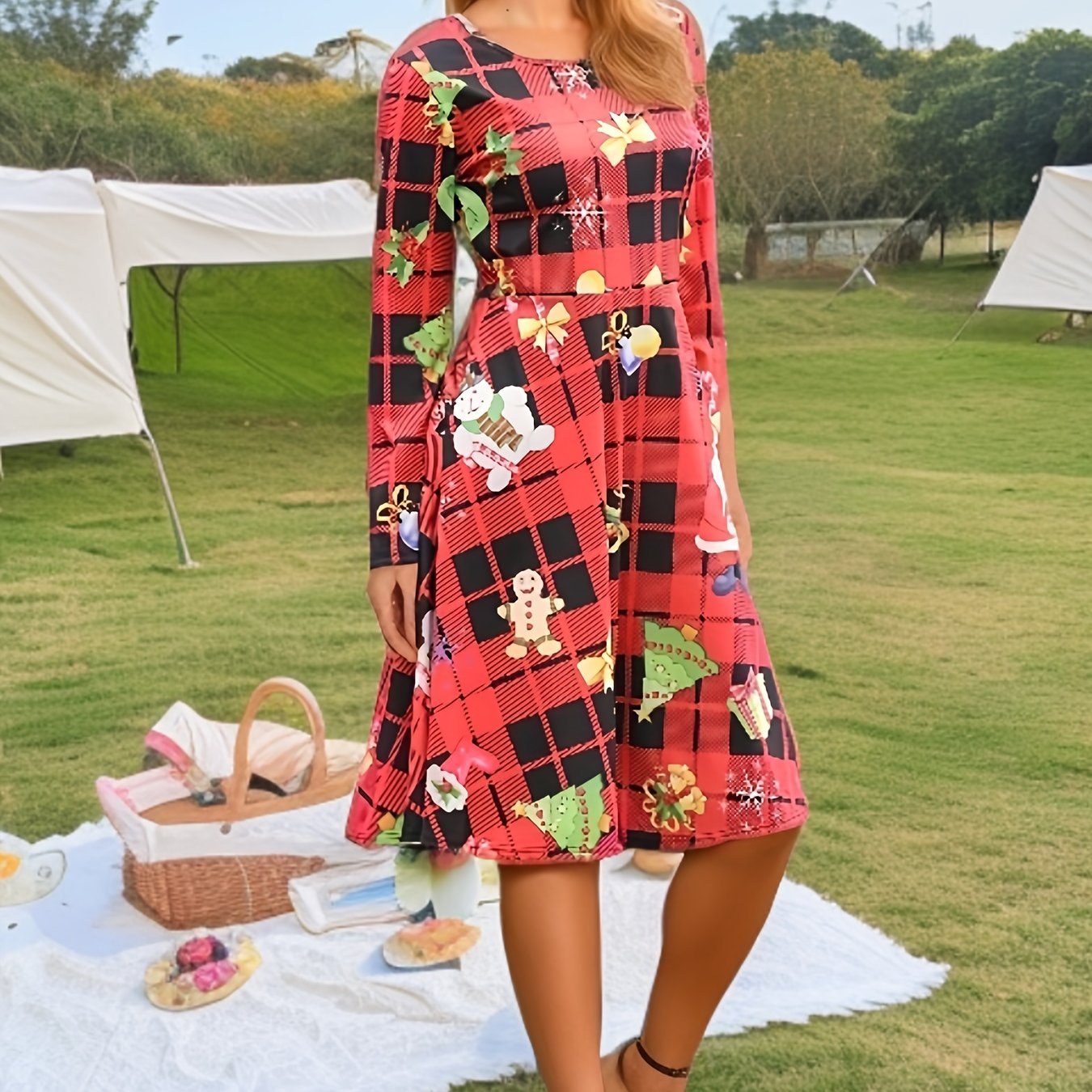 Women's Plus Christmas Print Long Sleeve A line Knee Length Dress