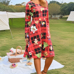 Women's Plus Christmas Print Long Sleeve A line Knee Length Dress