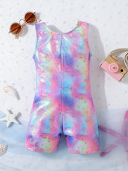 Girls Multicolor Graphic Swimsuit Romper Sleeveless Gymnastics Dance Bike