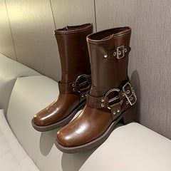 Women's British Style Combat Boots Chunky Heel Cowboy Boots