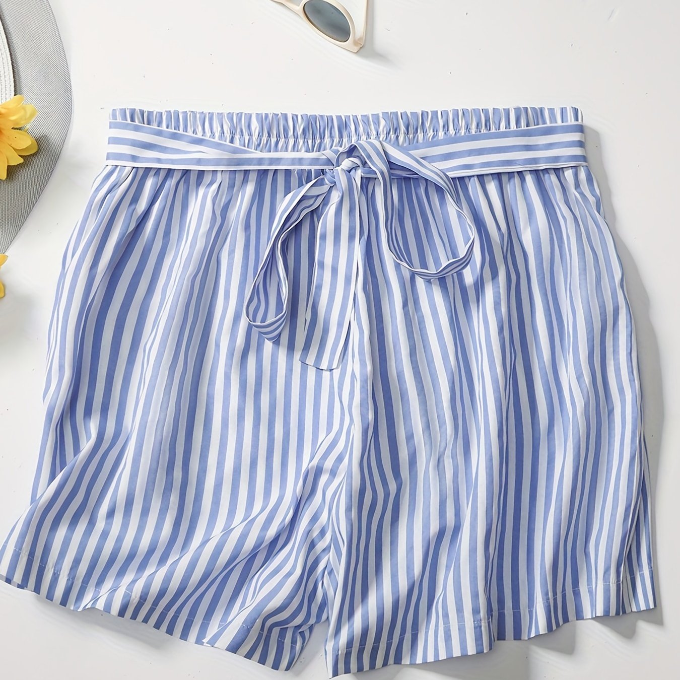 Casual Shorts Women's Plus Striped Print Elastic Belted Shorts