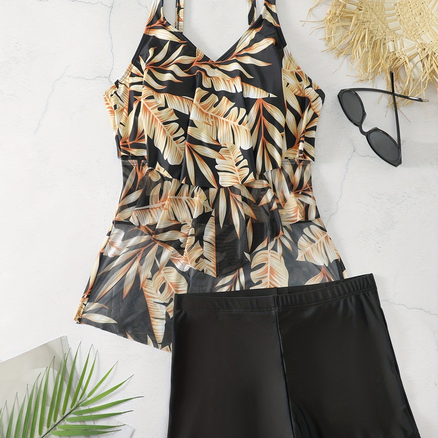Tropical Print V Neck Ruffle Tankini Set
