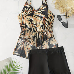 Tropical Print V Neck Ruffle Tankini Set