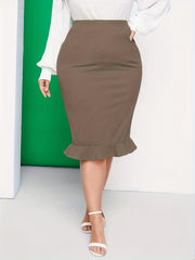 Solid High Rise Ruffle Trim Midi Skirt