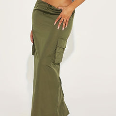 Solid Drawstring Flap Pockets Skirt, Casual Split Skirt
