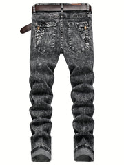 Slim Fit Flakes Pattern Biker Jeans Men's Casual Street Style Denim Pants