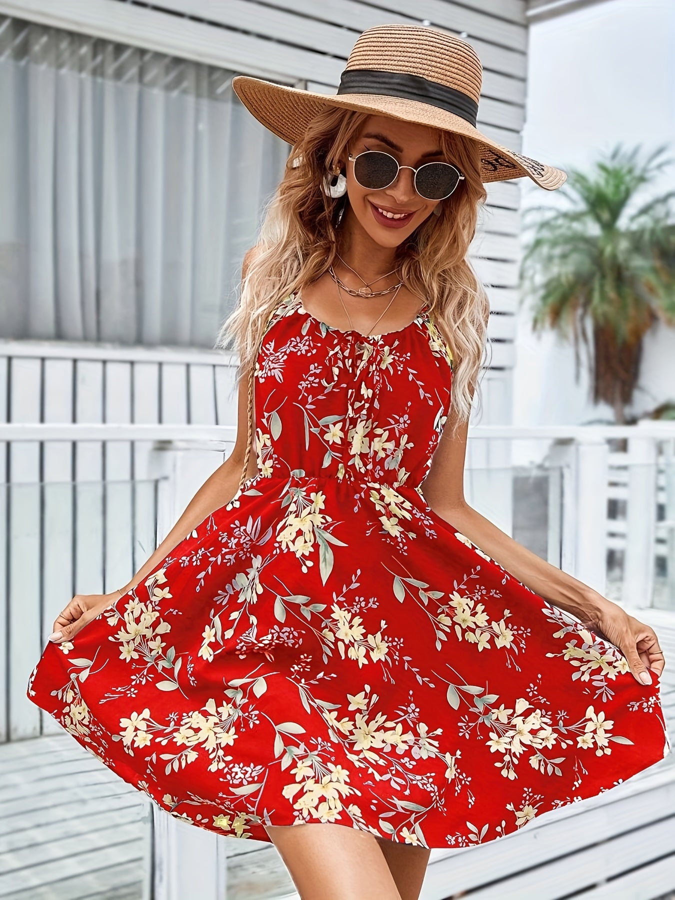 Floral Print Cami Dress Sleeveless Slim Waist Summer Dress