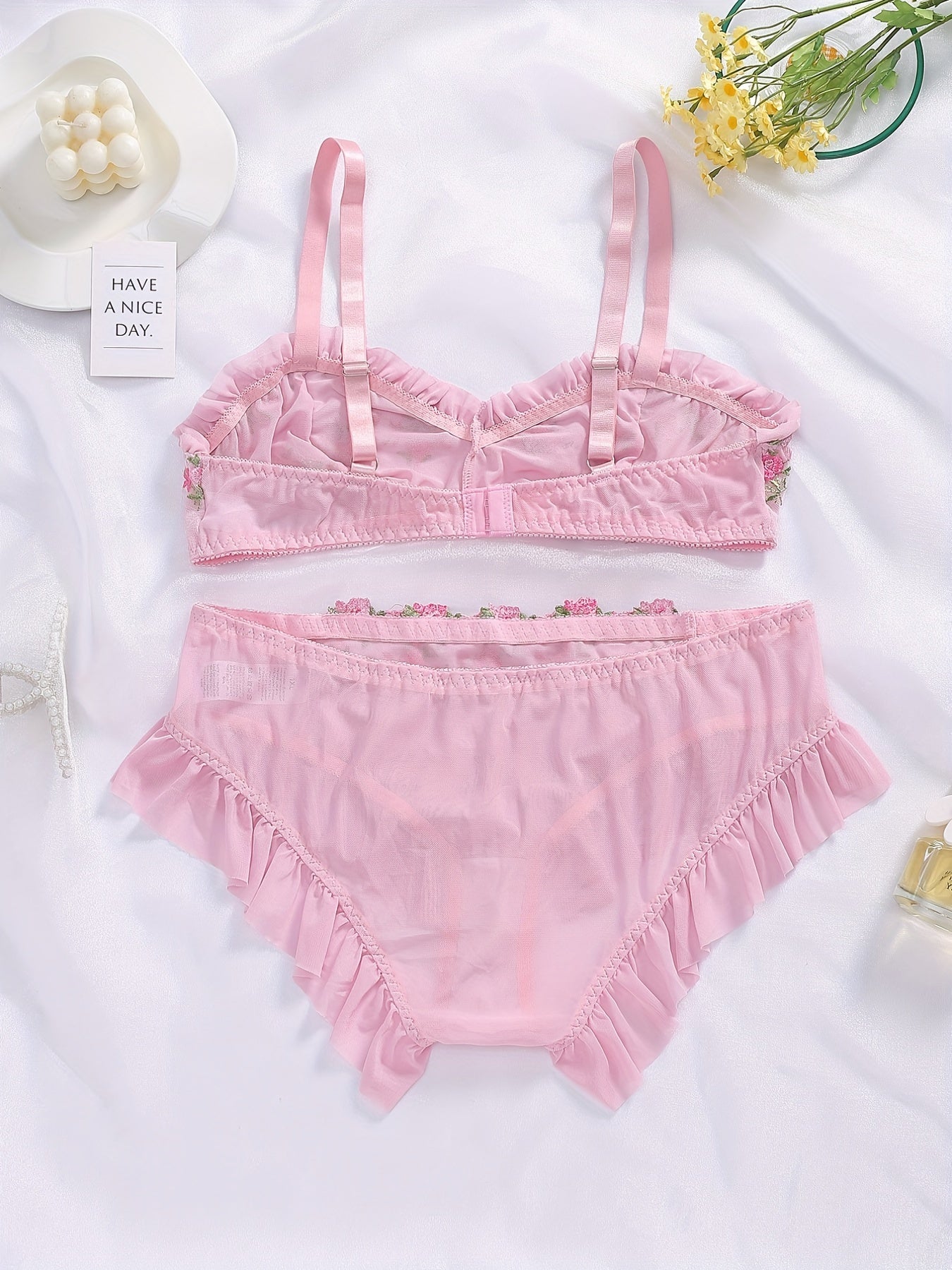 Floral Embroidered Mesh Ruffle Trim Bra & Underwear Set