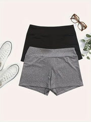 2 Pack Plus Size Sports Shorts Set Women's Plus Solid Medium Stretch Biker