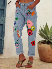 Women's Floral Print Straight Leg Denim Pants