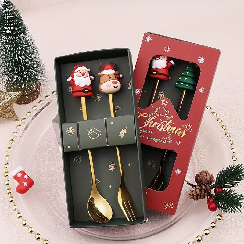 Christmas Coffee Spoon And Fork Set - Tree Santa Claus Stainless Steel