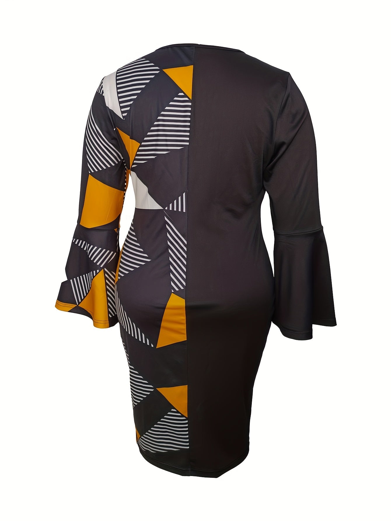 Colorblock Geo Print Bell Sleeve Round Neck Bodycon Dress