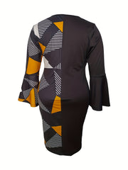 Colorblock Geo Print Bell Sleeve Round Neck Bodycon Dress
