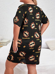 Plus Size Nightdress Cartoon Print Short Sleeve Round Neck Casual Sleep Dress