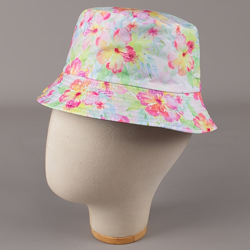 Pink Flower Print Bucket Hat - Sun Fisherman Cap for Women