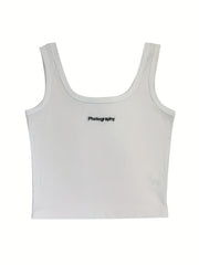 Letter Photography Print Ribbed Tank Top Women's Sleeveless Summer Casual Top