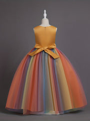 Girls Rainbow Tutu Party Princess Dress Sleeveless 3D Flower Decor Ball Gown