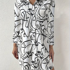 Abstract Face Print Long Sleeve Button Up Tunic Shirt
