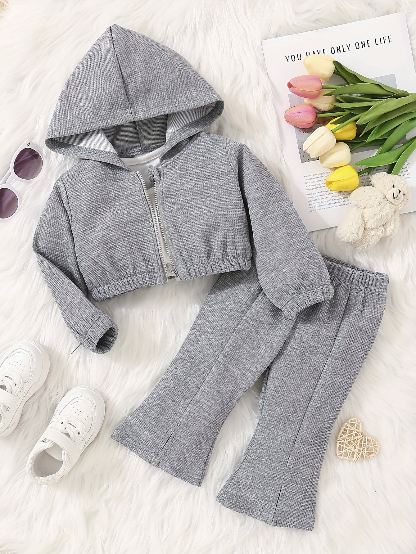 Baby Girl Waffle Hooded Top and Pants Set