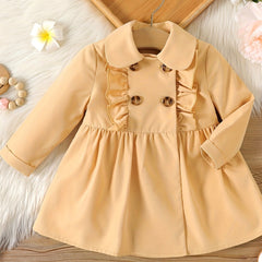 Ruffle Trim Double Breasted Trench Coat Girls Thermal Jacket