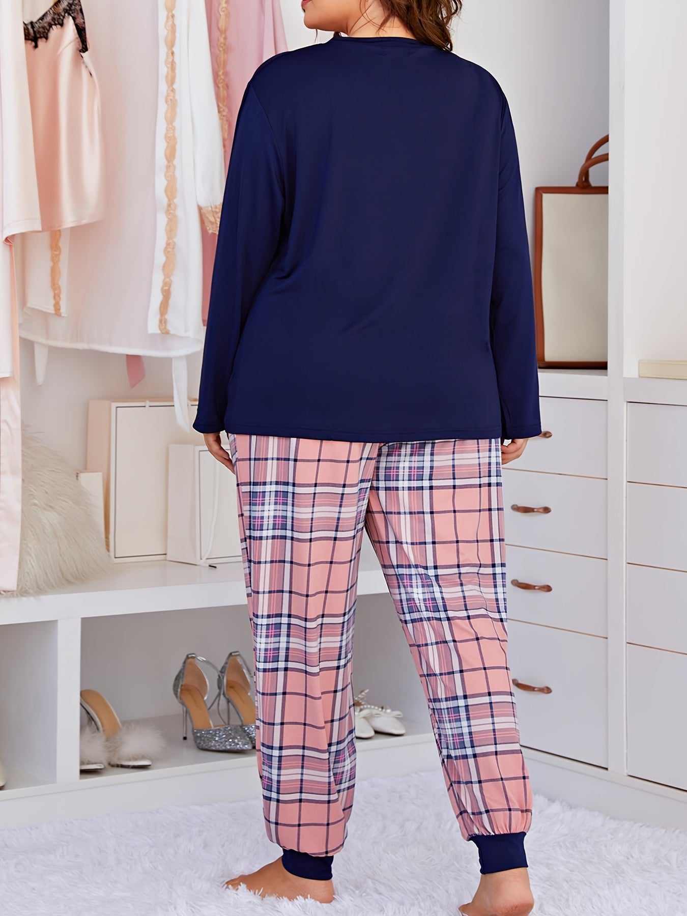 Heart Print Long Sleeve Tee & Plaid Pattern Pajama Set