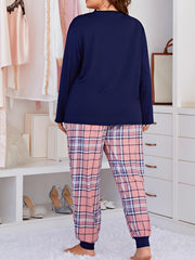 Heart Print Long Sleeve Tee & Plaid Pattern Pajama Set