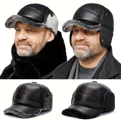 Men's Winter Plush Warm Leather Baseball Cap With Earflaps