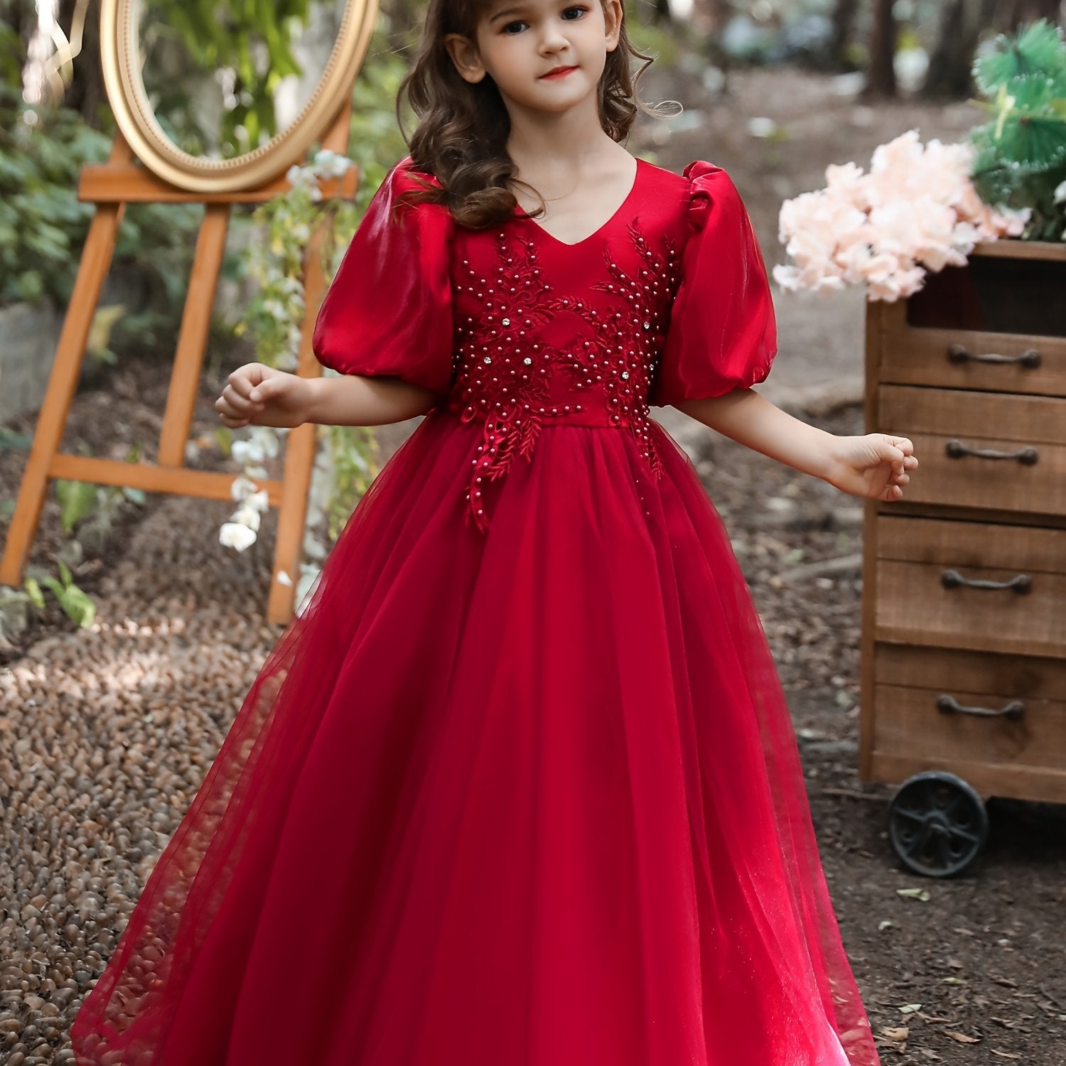 Girls Puff Sleeve Tulle Princess Dress Flower Embroidery Chinese Christmas Party
