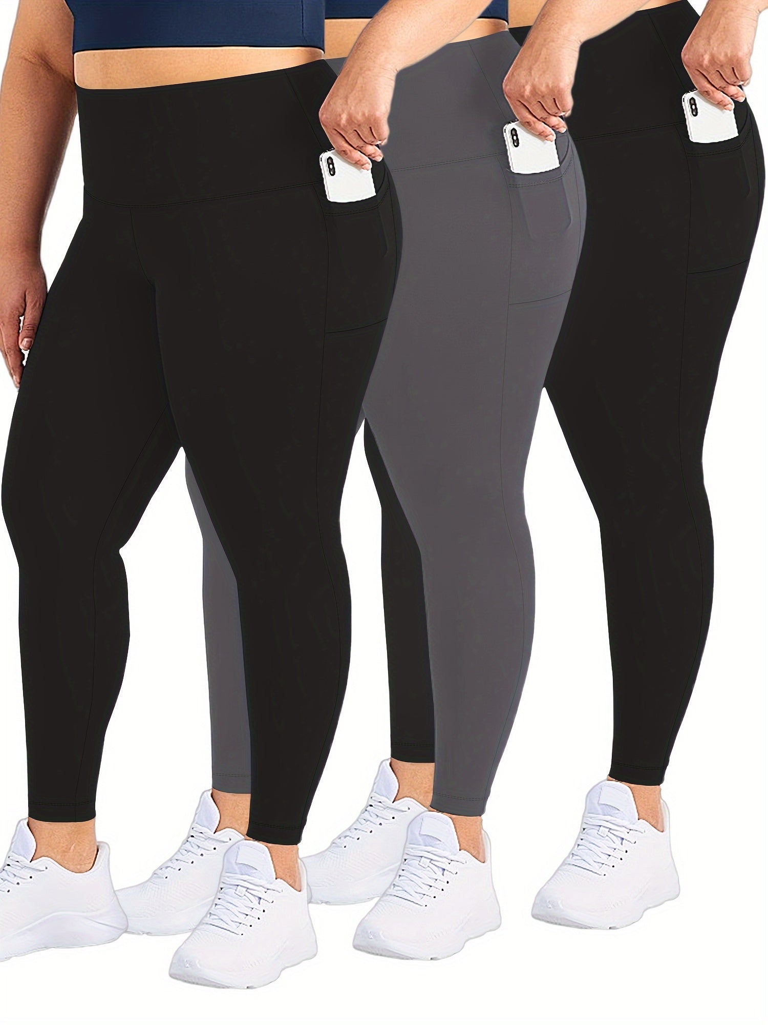 3 Pack Plus Size Casual Leggings Set Women's Plus Solid Tummy Control