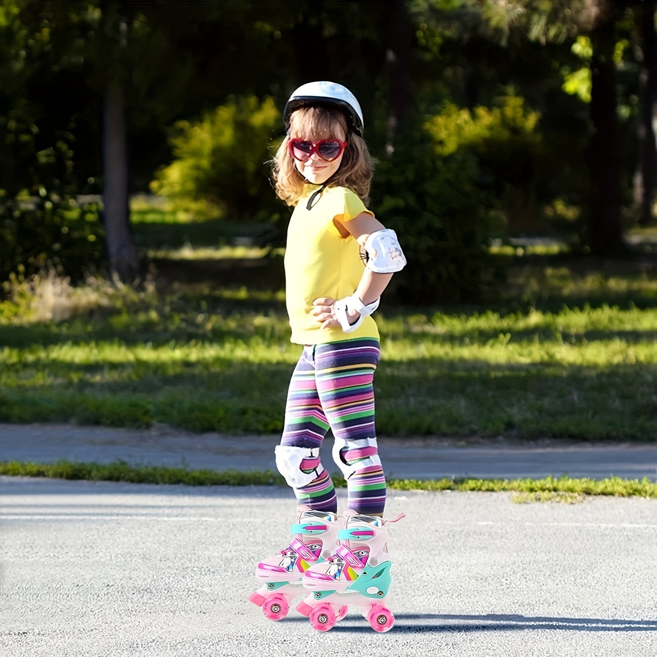 Kids Adjustable Roller Skates 4 Light Up Wheels Lace Up Full Protection Shoes