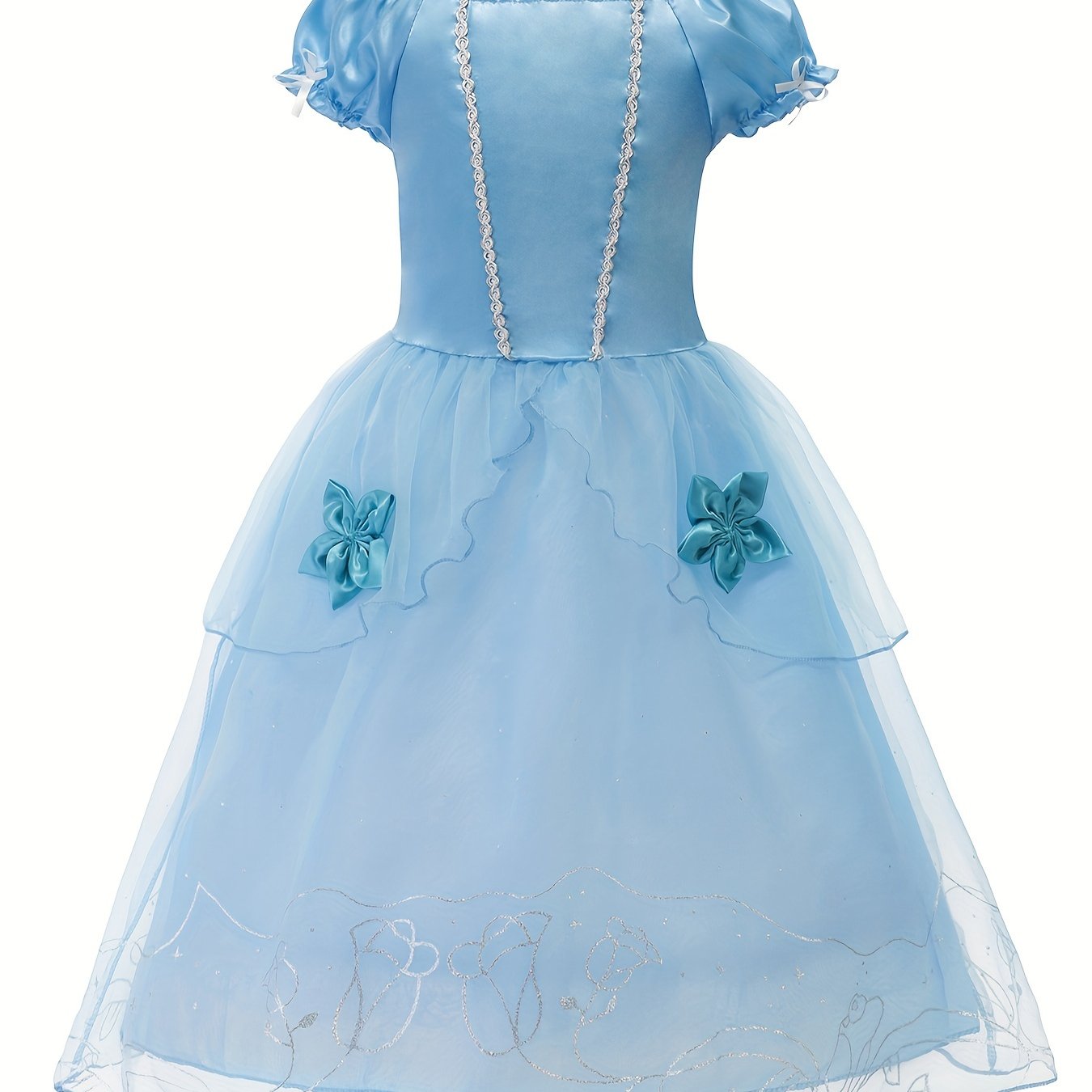 Girls Princess Dress Puff Sleeve Tulle Rose Print Floral Decor Cosplay