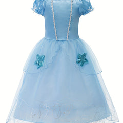 Girls Princess Dress Puff Sleeve Tulle Rose Print Floral Decor Cosplay