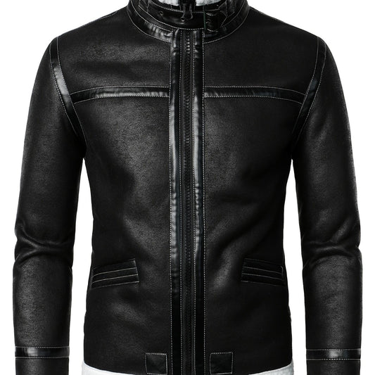 Men's Warm Fleece PU Jacket with Stand Collar for Fall Winter