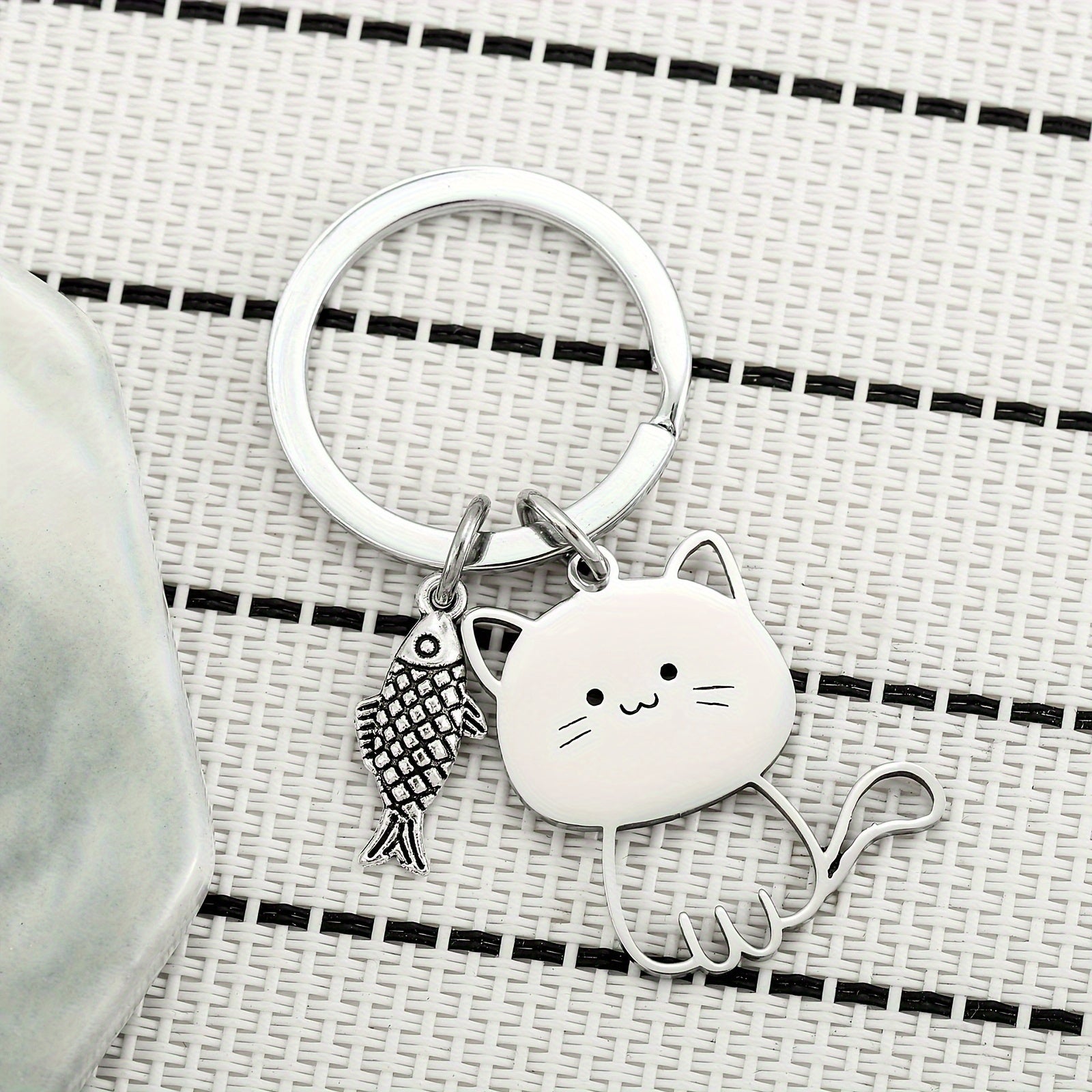Cat Fish Stainless Steel Keychain Cartoon Metal Hanging Pendant Ornament
