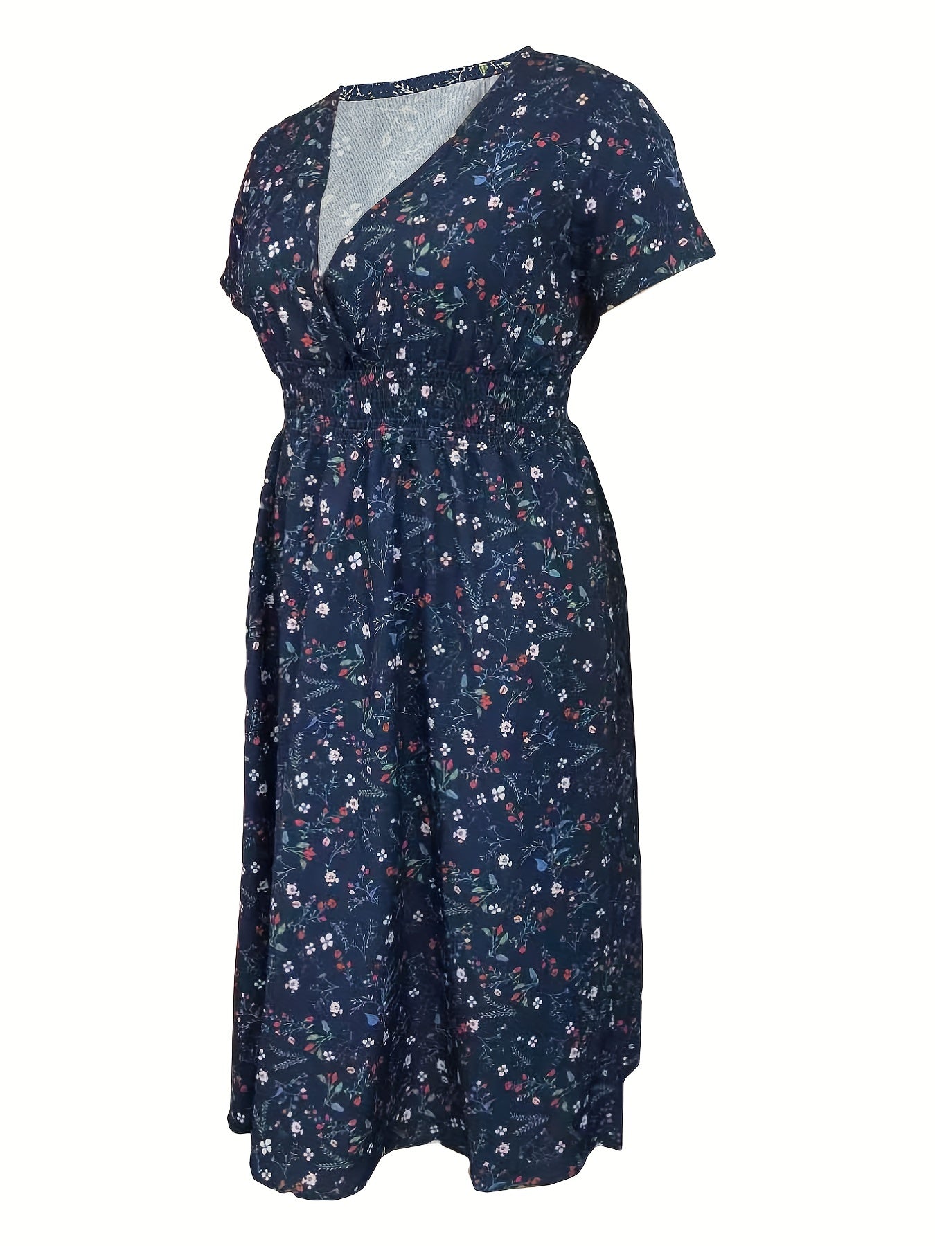 Ditsy Print Short Sleeve Surplice Neck Midi Dress