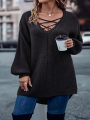 Criss Cross V Neck Solid Sweater Plus Size Lantern Sleeve Casual Sweater