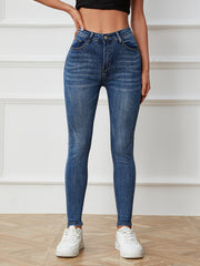 High Rise Water Ripple Skinny Jeans High Waist Zipper Button Closure