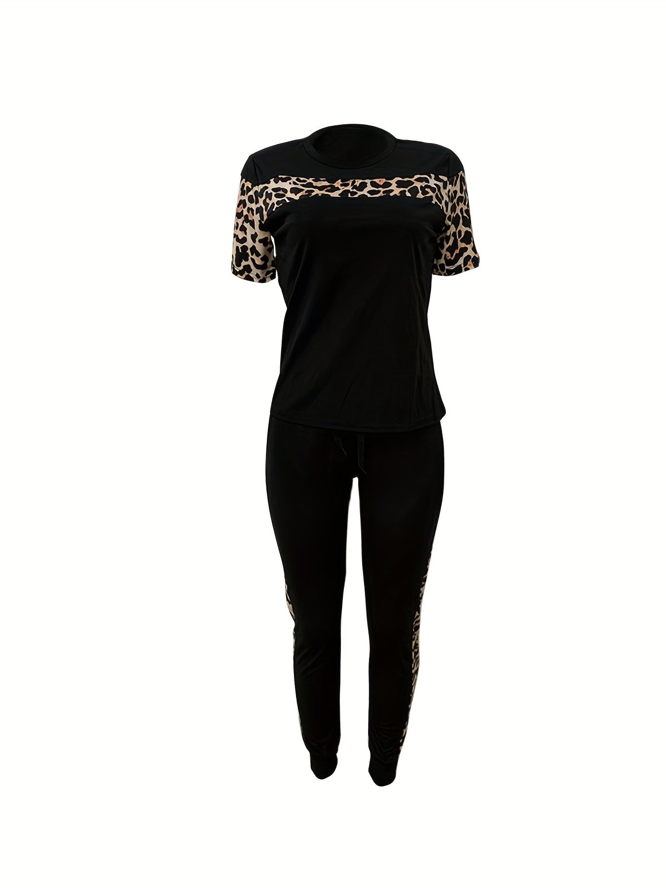 Leopard Print 2pc Set Crew Neck Tee & High Waist Pants